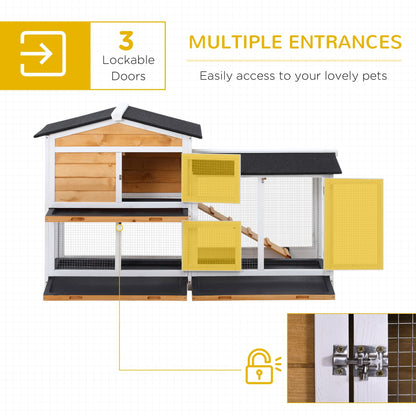 PawHut 2-Tier Wooden Rabbit Hutch Guinea Pig House Pet Cage Outdoor w/ Tray Ramp Yellow