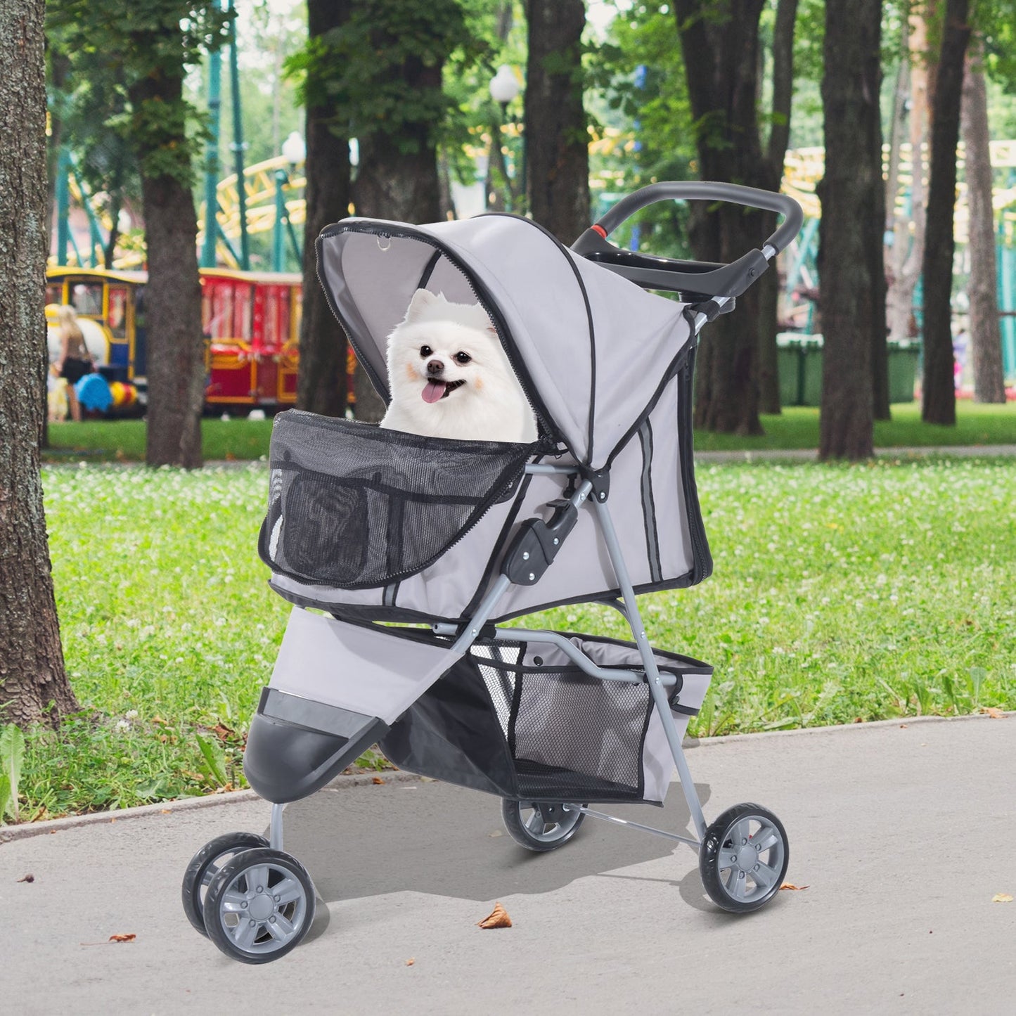 PawHut Pet Travel Stroller Cat Dog Pushchair Trolley Puppy Jogger Carrier Three Wheels for Small Miniature DogsGrey