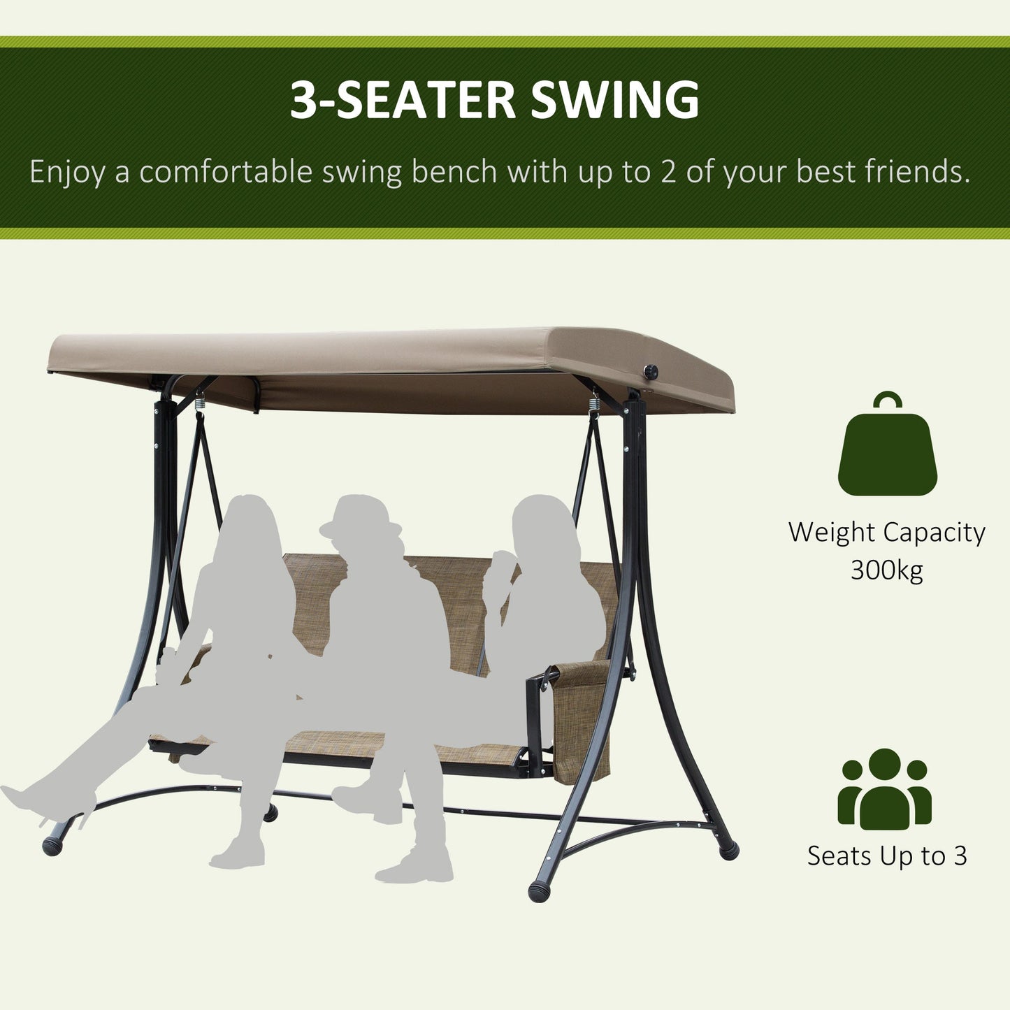 3 Seater Garden Swing Seat Outdoor Swing Chair with High Back Design