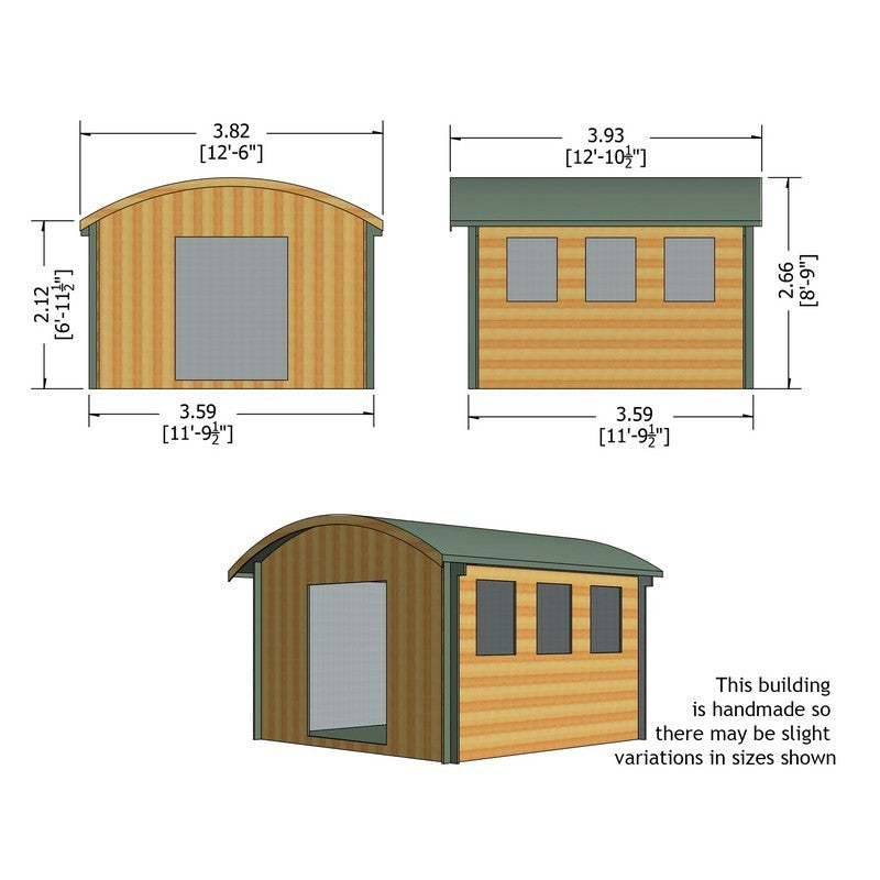 Shire Kilburn 11' 9" x 11' 9" Curved Log Cabin - Premium 28mm Cladding Tongue & Groove with Assembly