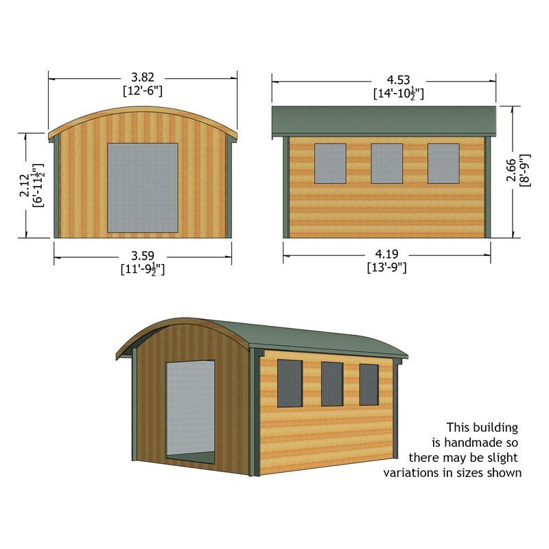 Shire Kilburn 11' 9" x 13' 8" Curved Log Cabin - Premium 28mm Cladding Tongue & Groove with Assembly