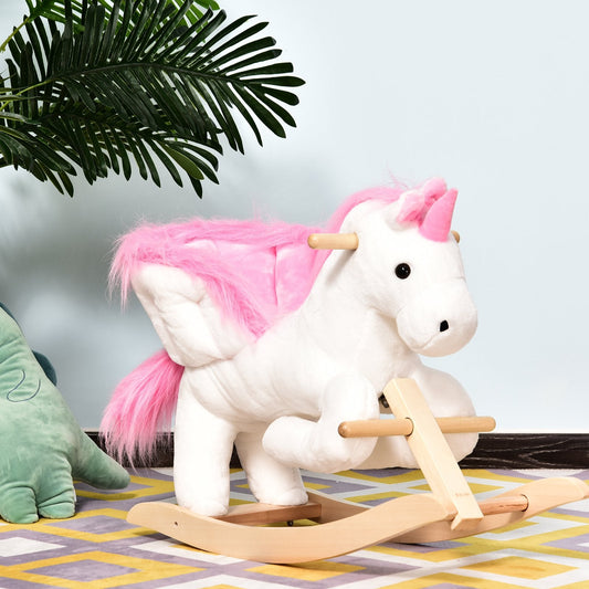 Unicorn Rocking Horse Kids Wooden Ride On Plush Toy w/ Music