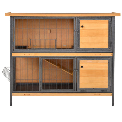 PawHut Wooden Metal Rabbit Hutch Guinea Pig Hutch Bunny Cage Pet House Bunny w/ Slide-Out Tray Outdoor Light Yellow