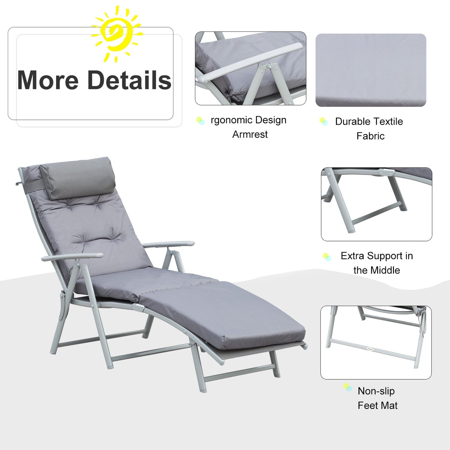 Outsunny Steel Frame Outdoor Garden Padded Sun Lounger With Pillow Grey