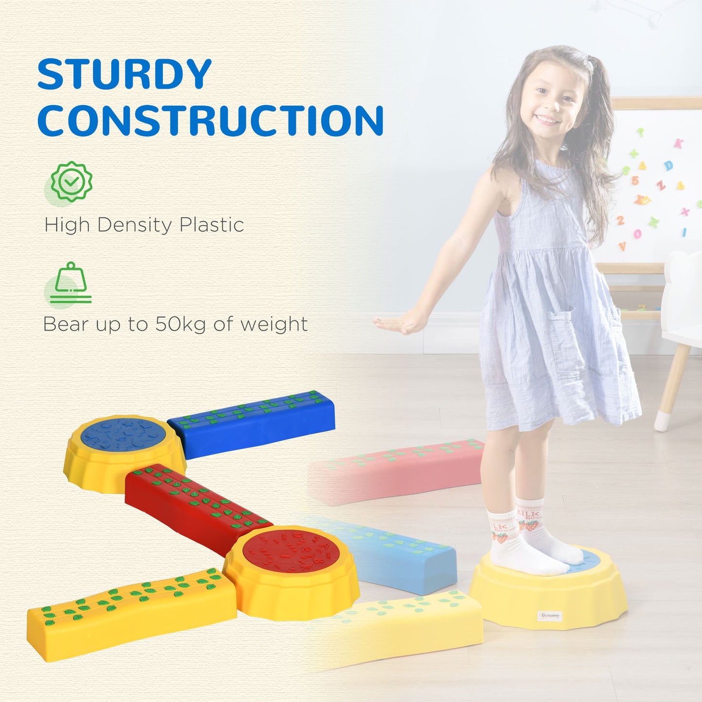 Five-Piece Kids Stepping Stones and Balance Bridge w/ Non-Slip Surface & Bottom. for Toddlers - Multicoloured