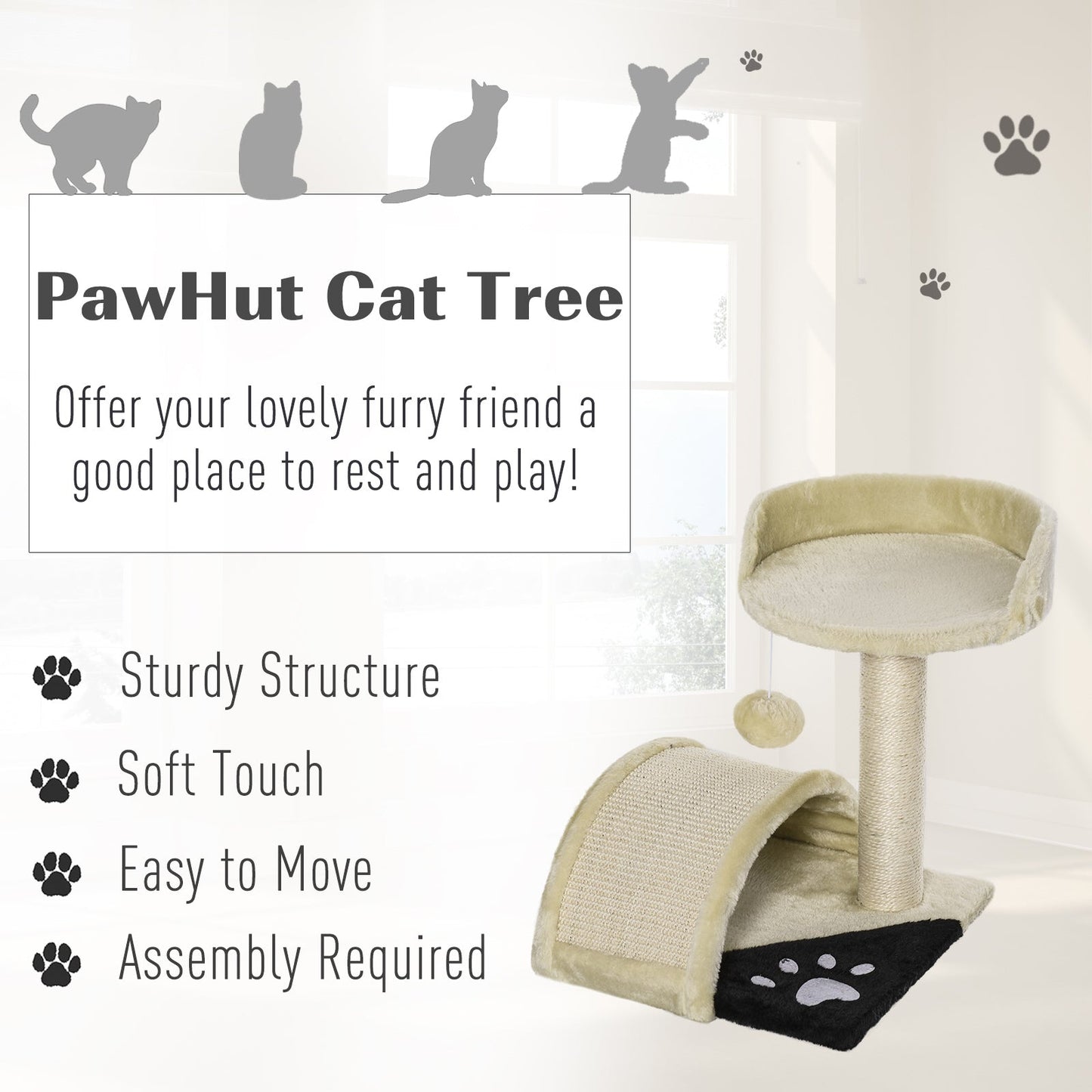 PawHut 36Lx36Wx44H cm Cat Tree Scratching Post-Beige