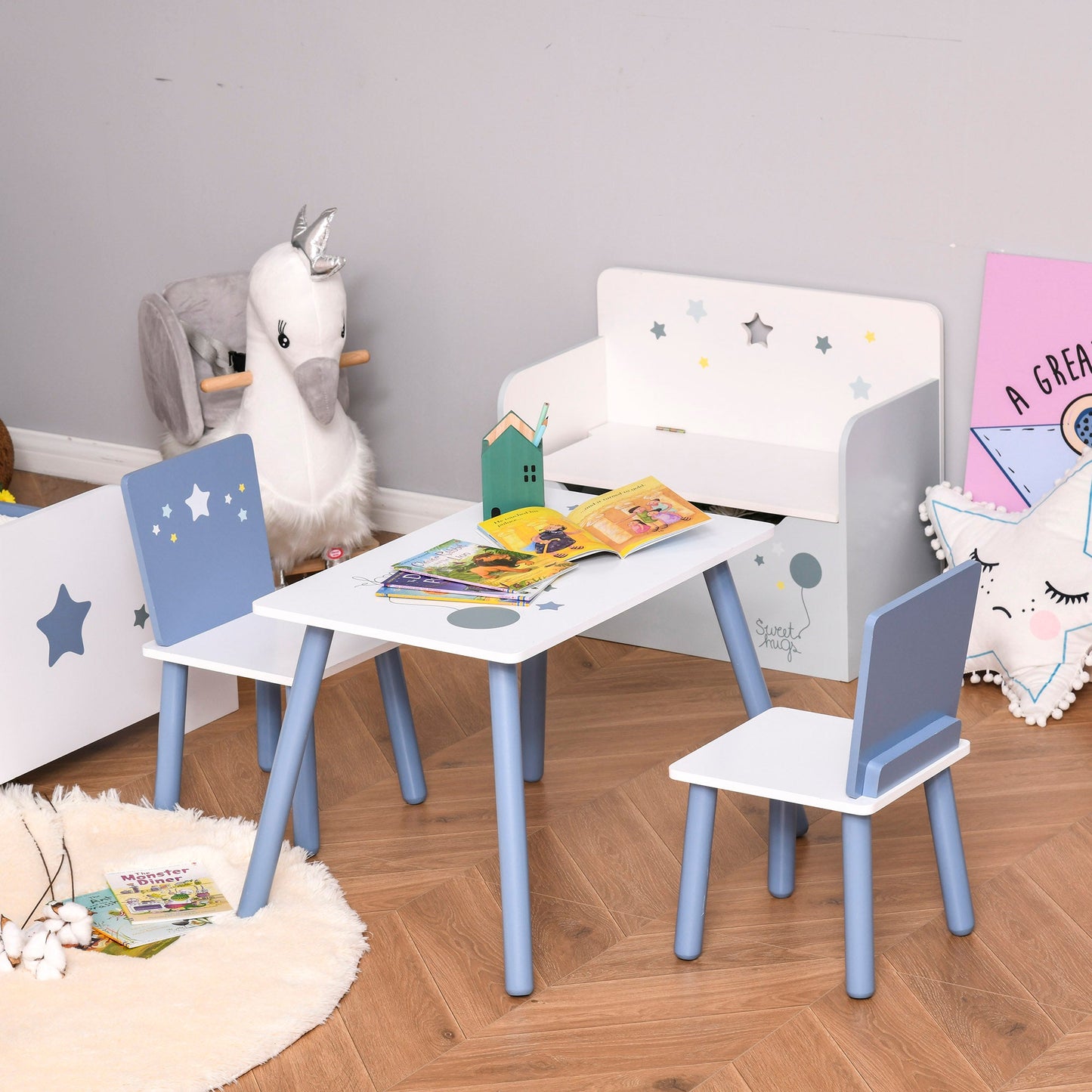 3-Piece Kids Table & Chairs Set w/ Wood Legs Safe Corners Cute Stars Seating Mini Furniture Home Playroom Bedroom Dining Room Blue