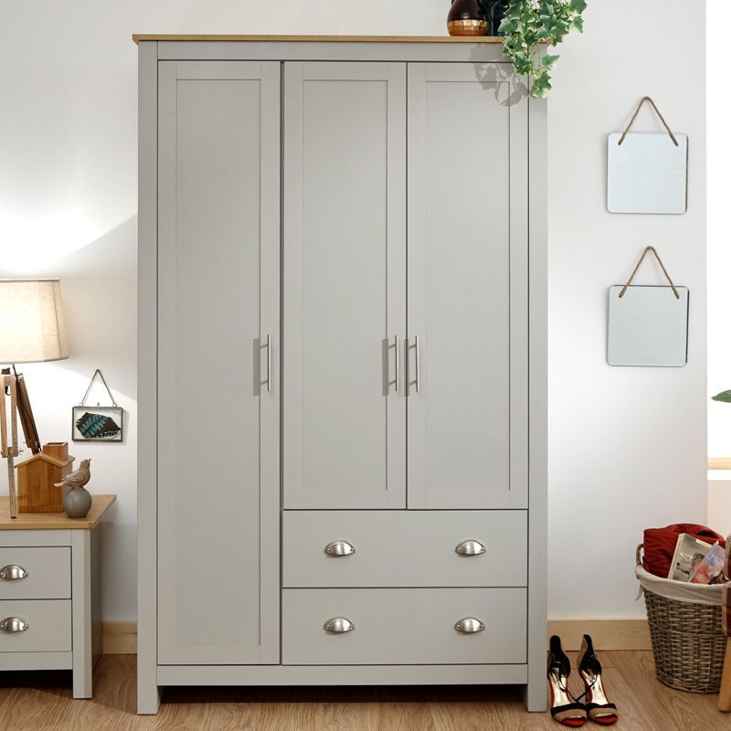 Lancaster Tall Wardrobe Grey 3 Doors 1 Shelf 2 Drawers