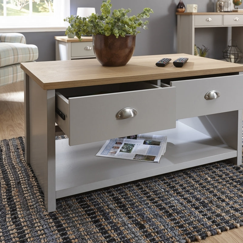 Lancaster Coffee Table Grey 1 Shelf 2 Drawers