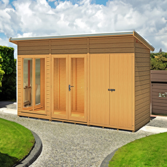 Shire Lela 4' 2" x 11' 8" Pent Summerhouse with Side Shed - Premium Dip Treated Shiplap