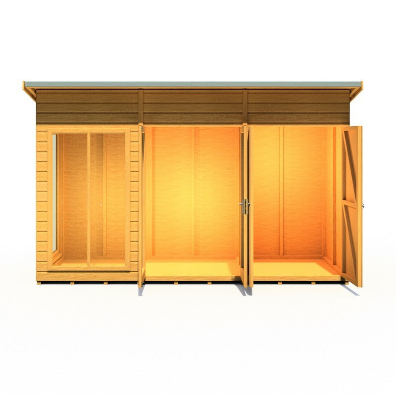 Shire Lela 4' 2" x 11' 8" Pent Summerhouse with Side Shed - Premium Dip Treated Shiplap