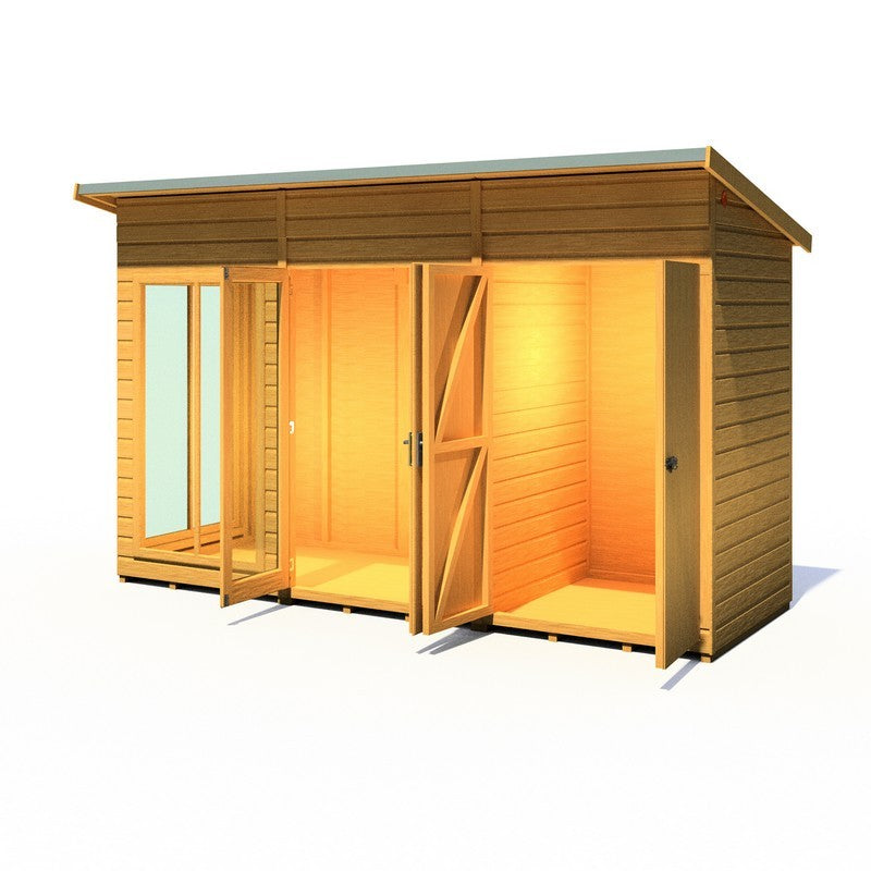 Shire Lela 4' 2" x 11' 8" Pent Summerhouse with Side Shed - Premium Dip Treated Shiplap