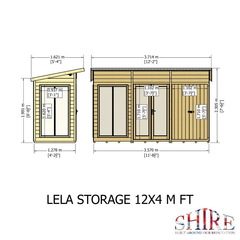 Shire Lela 4' 2" x 11' 8" Pent Summerhouse with Side Shed - Premium Dip Treated Shiplap