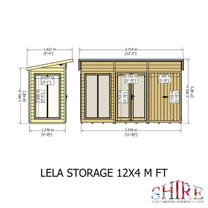 Shire Lela 4' 2" x 11' 8" Pent Summerhouse with Side Shed - Premium Dip Treated Shiplap