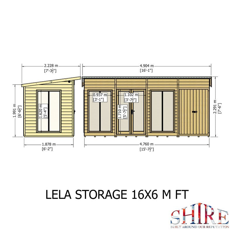 Shire Lela 6' 1" x 15' 7" Pent Summerhouse with Side Shed - Premium Dip Treated Shiplap