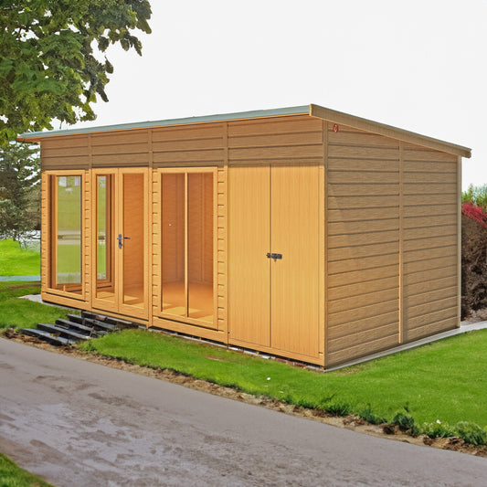 Shire Lela 8' 1" x 15' 7" Pent Summerhouse with Side Shed - Premium Dip Treated Shiplap