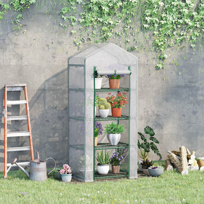 Outsunny 4 Tier Mini Greenhouse Portable Green House With Steel Frame Pe Cover Roll-Up Door 70 X 50 X 160 cm White