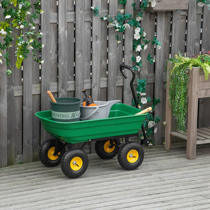 75 Litre Large Garden Cart Heavy Duty 4 Wheel Trolley Dump Wheelbarrow Tipping Truck Trailer - Green