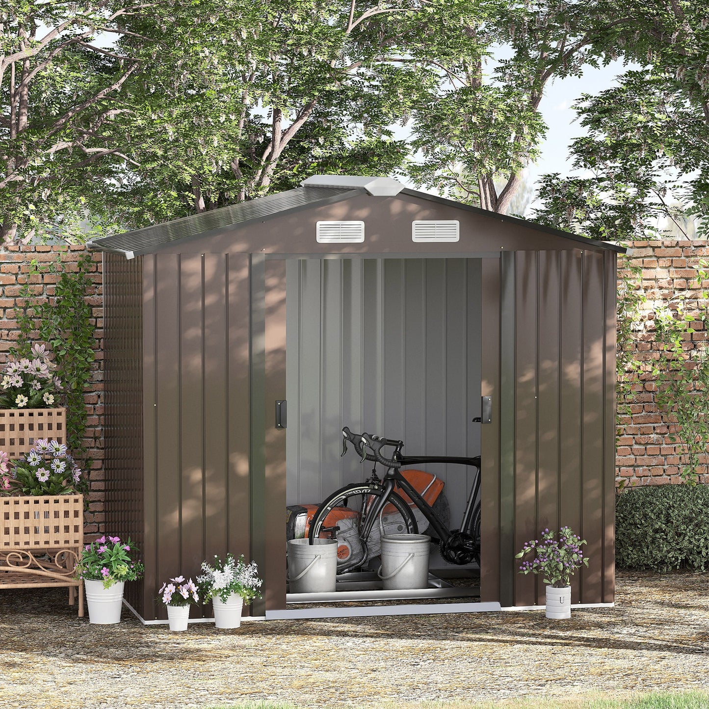 Galvanised 7 x 4' Double Door Apex Garden Shed Lockable Steel Brown by Steadfast