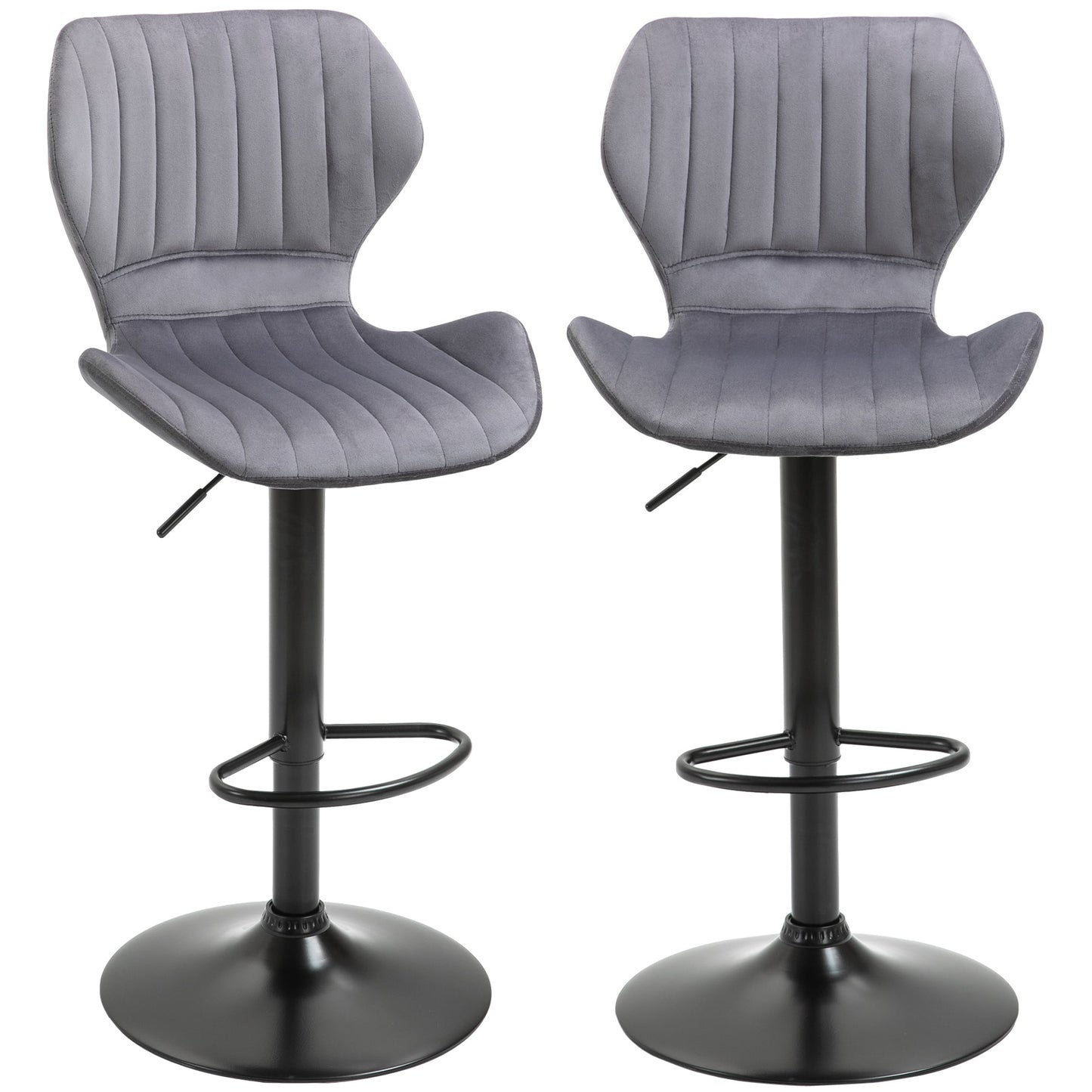 Homcom Bar Stool Set Of 2 Velvet-Touch Fabric Adjustable Height Swivel Counter Chairs With Footrest Grey