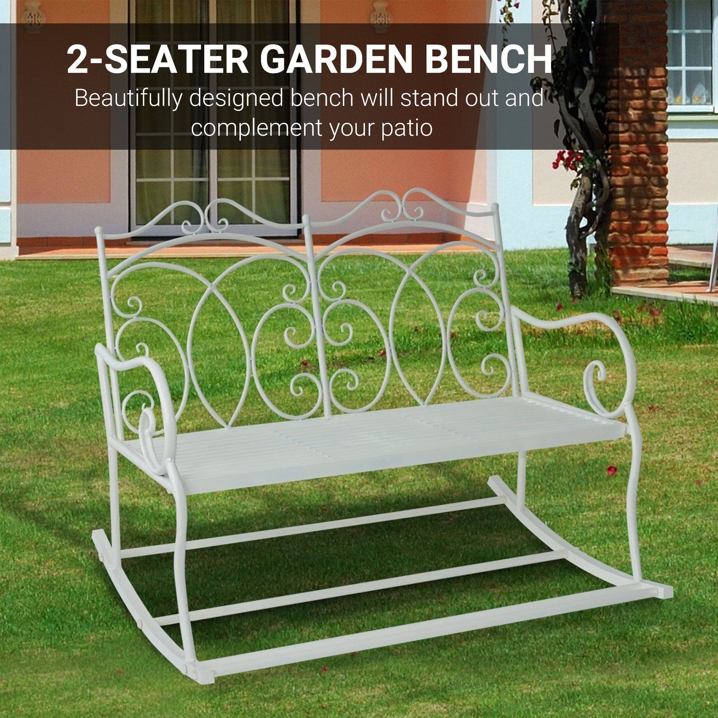 Patio 2 Seater Rocking Bench Steel Garden Outdoor Garden Loveseat Chair With Decorative Backrest White