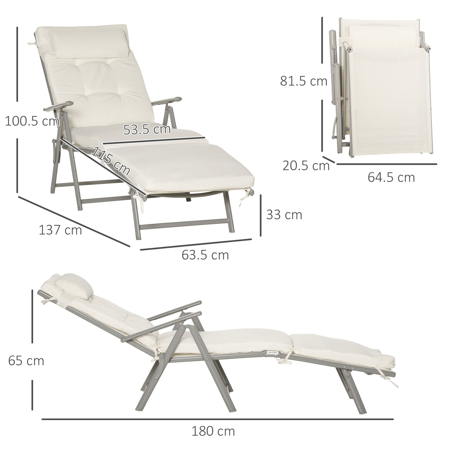 Outdoor Patio Sun Lounger Garden Textilene Foldable Reclining Chair Pillow Adjustable Recliner with Cushion - Cream White