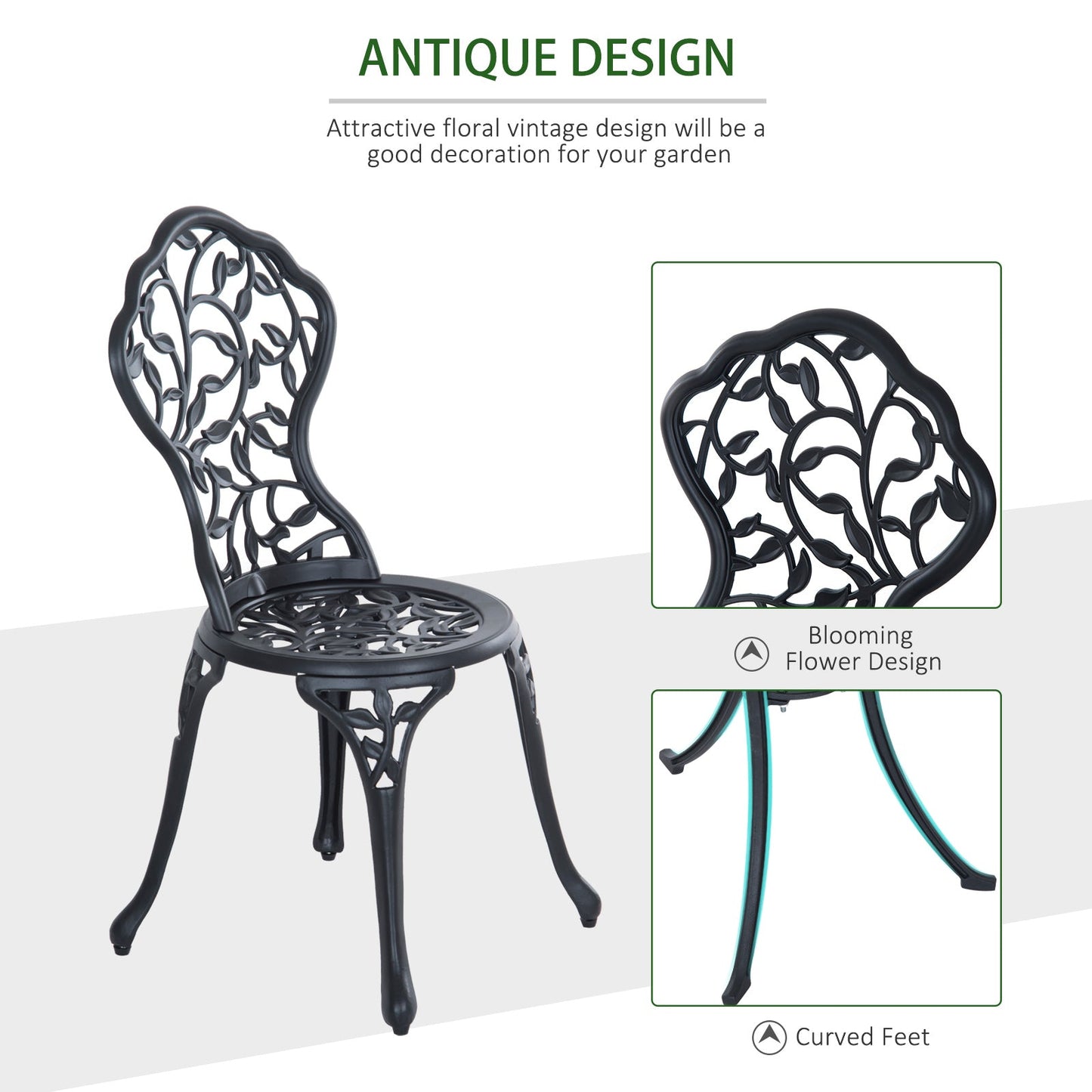 Outsunny 3 Pcs Aluminium Bistro Set Garden Furniture Dining Table Chairs Antique Outdoor Seat Patio Seater Black