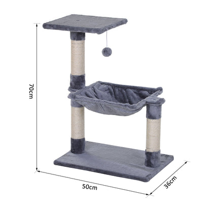 PawHut 70cm Cat Tree for Indoor Cats Durable Natural Sisal Scratching Posts Hammock Bed Kitty Activity Center Grey