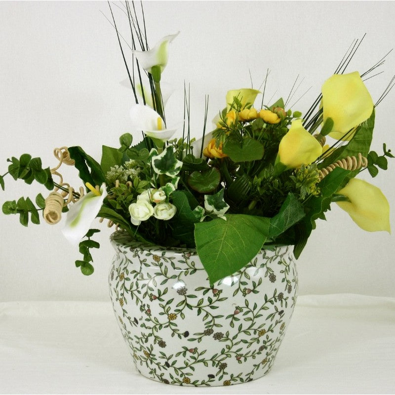 Planter Ceramic White with Flower Pattern - 19cm