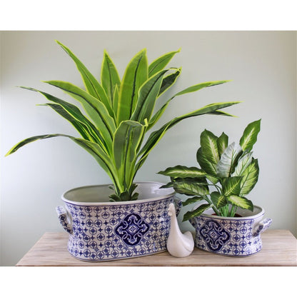 2x Planter Ceramic Blue & White with Ornate Pattern