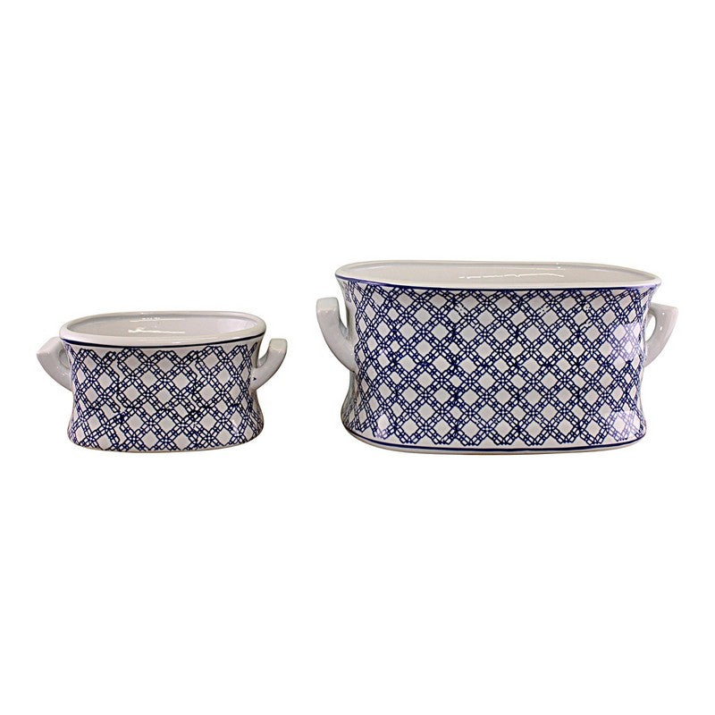 2x Planter Ceramic Blue & White with Geometric Pattern