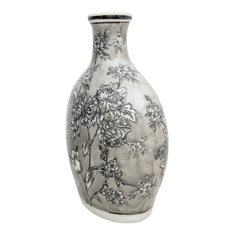 Bottle Vase Ceramic Grey & White with Flower Pattern - 32cm