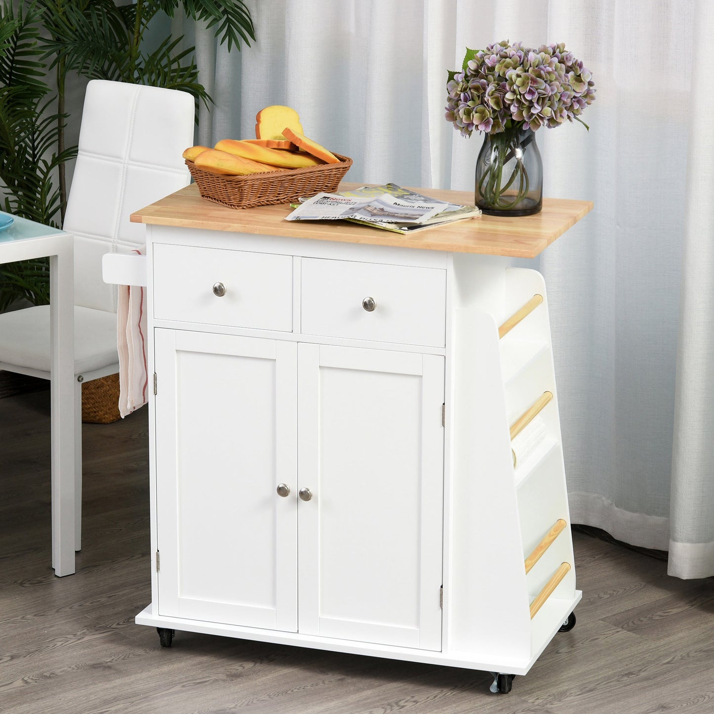 Kitchen Island Storage Cabinet Rolling Trolley with Rubber Wood Top