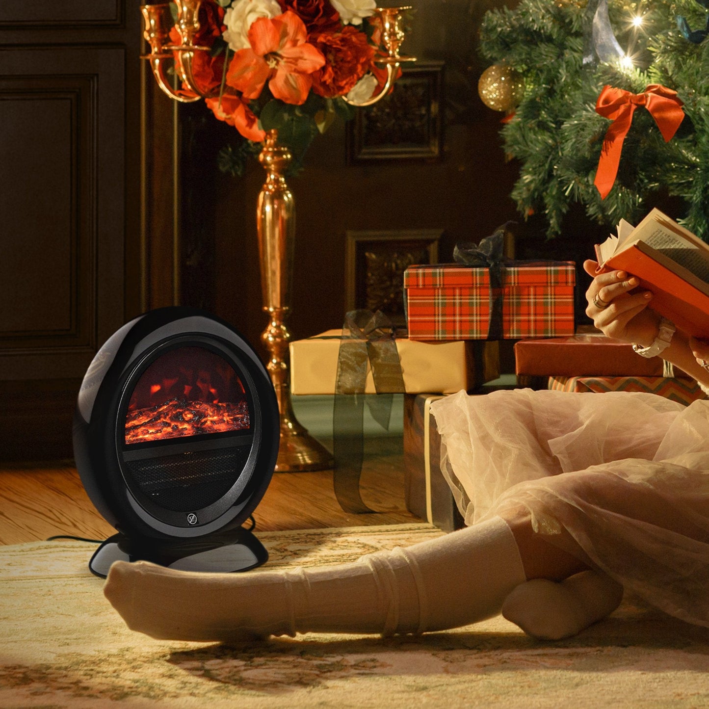 Freestanding Electric Fireplace Heater W/ Flame Effect Rotatable Head Black