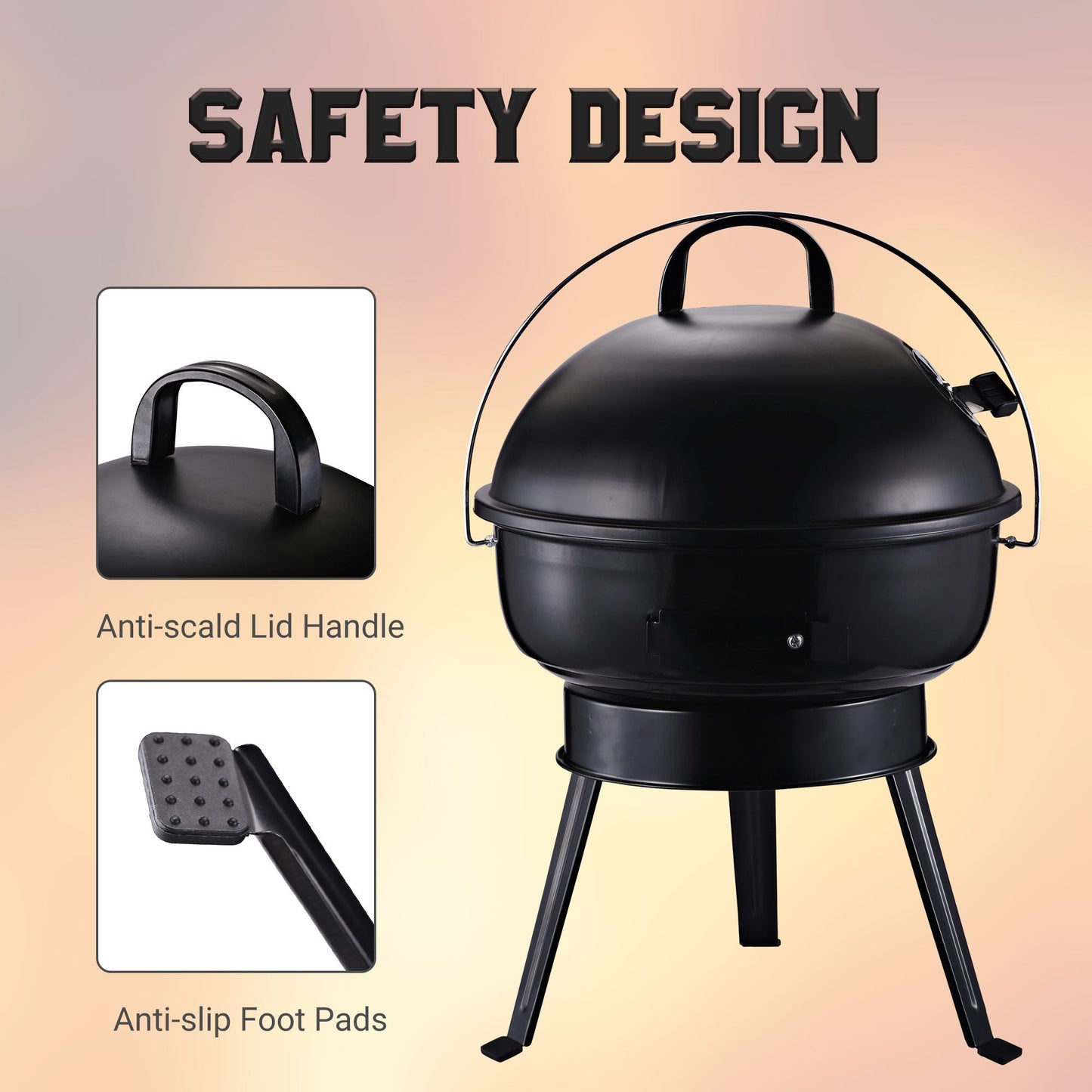 Metal Portable Tripod Charcoal BBQ Grill Black