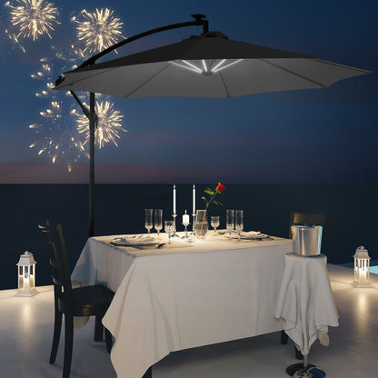 3m LED Patio Banana Umbrella Cantilever Parasol w/ Crank Cross Base Hanging Offset Umbrella Frame Steel Aluminium Garden Table Outdoor Black