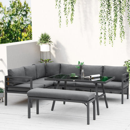 4 Piece L-shaped Garden Furniture Set 8 Seater Aluminium Outdoor Dining Set Conversation Sofa Set w/ Bench