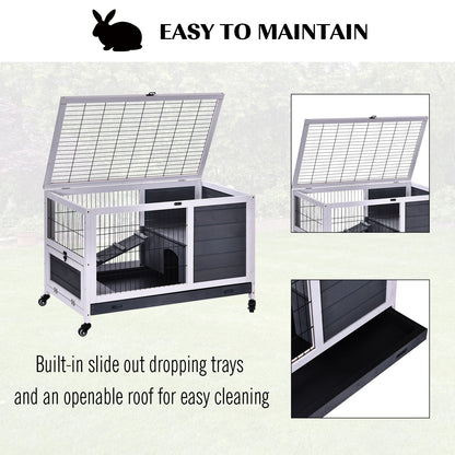 PawHut Rabbits Indoor Fir Wood Lift-Top Hutch-Grey and White