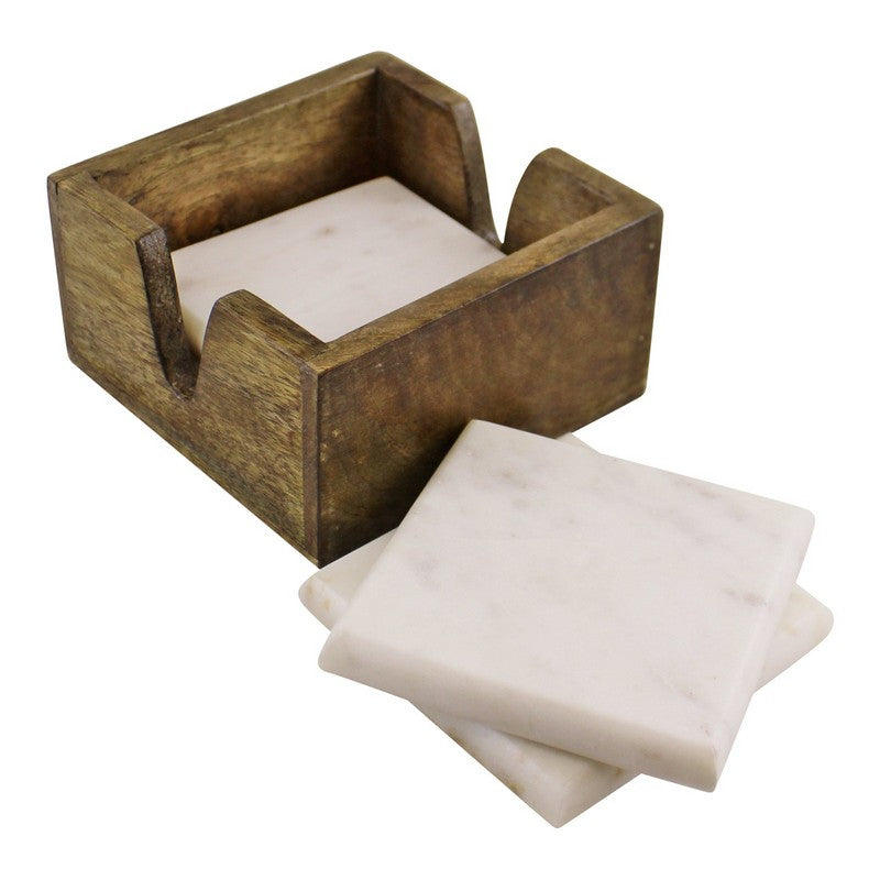 4x Coaster Marble & Wood White - 13cm