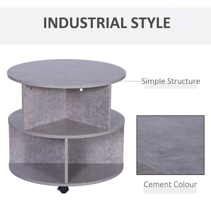 2 Tier Round Side End Table Coffee Desk with Divided Shelves Tea Table Storage Unit Living Room Organiser with Wheels - Cement colour