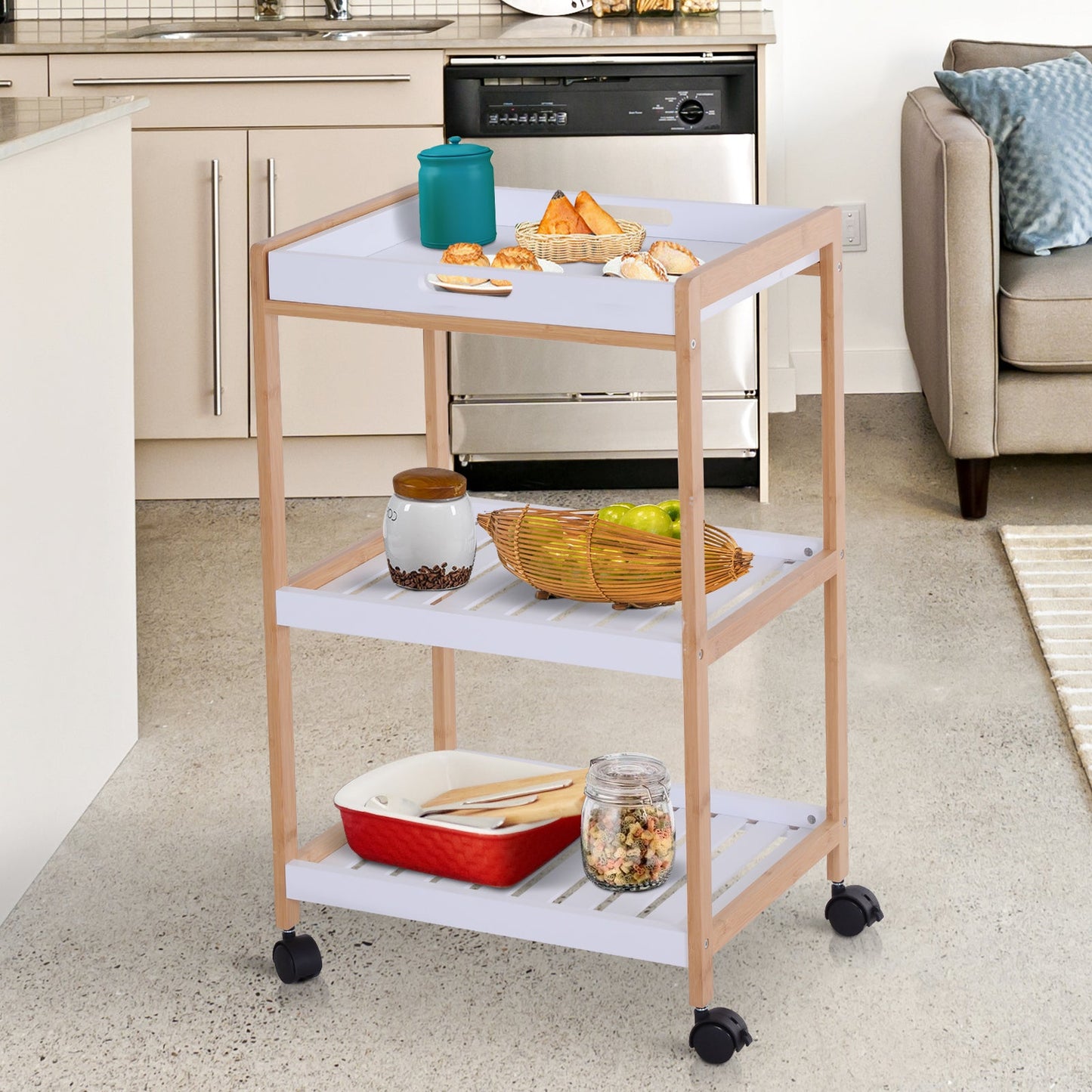 3-Tier Mobile Kitchen Trolley Cart Storage Shelves Rack Rolling Wheels White 46 x 35 x 74.5 cm