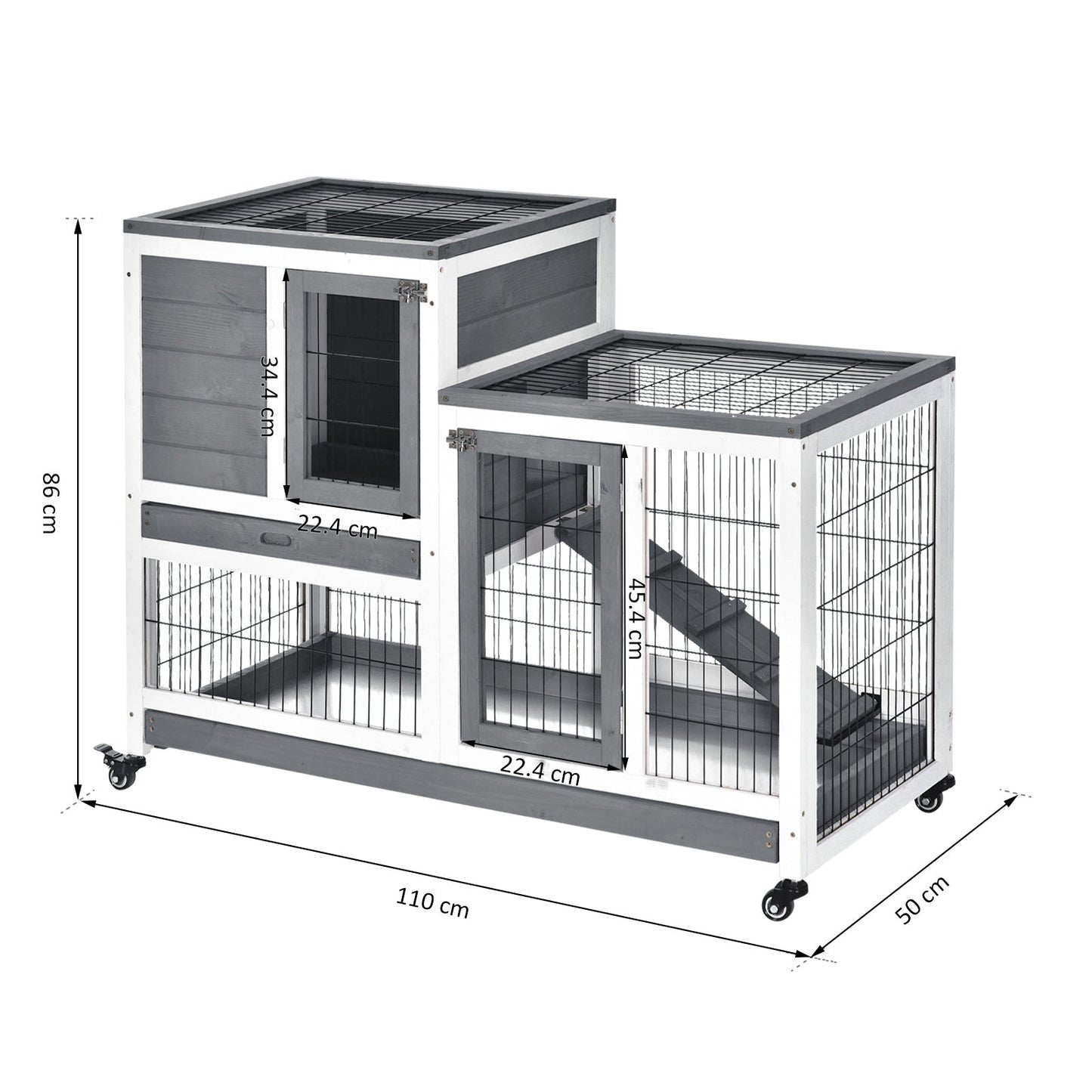 PawHut Small Animals 2-Tier Fir Wood Rabbit Hutch Indoor Grey