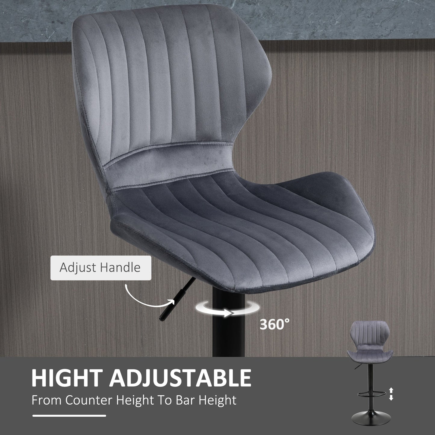 Homcom Bar Stool Set Of 2 Velvet-Touch Fabric Adjustable Height Swivel Counter Chairs With Footrest Grey