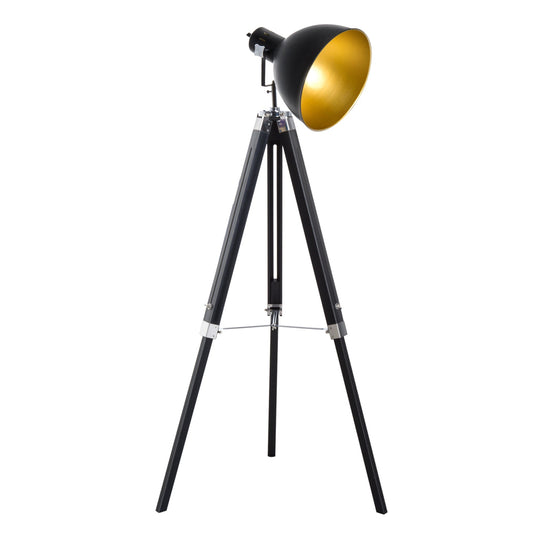 Industrial Floor Lamp for Living Room Tripod Spotlight Reading Lamp w/Wood Legs Metal Shade Adjustable Height Angle for Bedroom Home Office Black and Gold