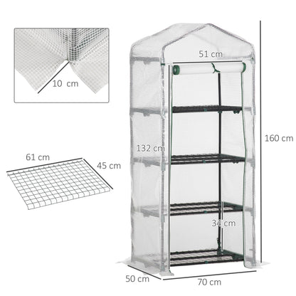 Outsunny 4 Tier Mini Greenhouse Portable Green House With Steel Frame Pe Cover Roll-Up Door 70 X 50 X 160 cm White