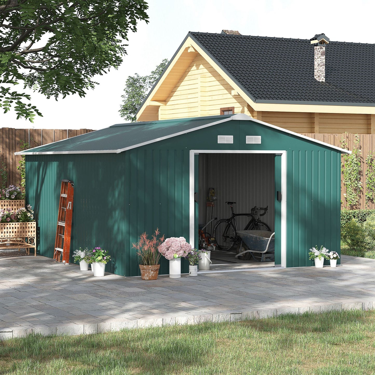 Galvanised 12.5 x 11' Sliding Double Door Apex Garden Shed Steel Green by Steadfast