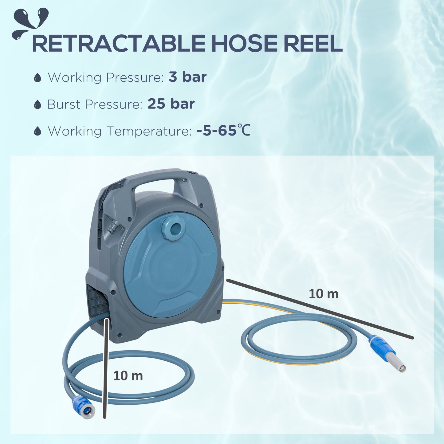 Retractable Garden Hose Reel with 10m + 10m Hose and Simple Manual Rewind