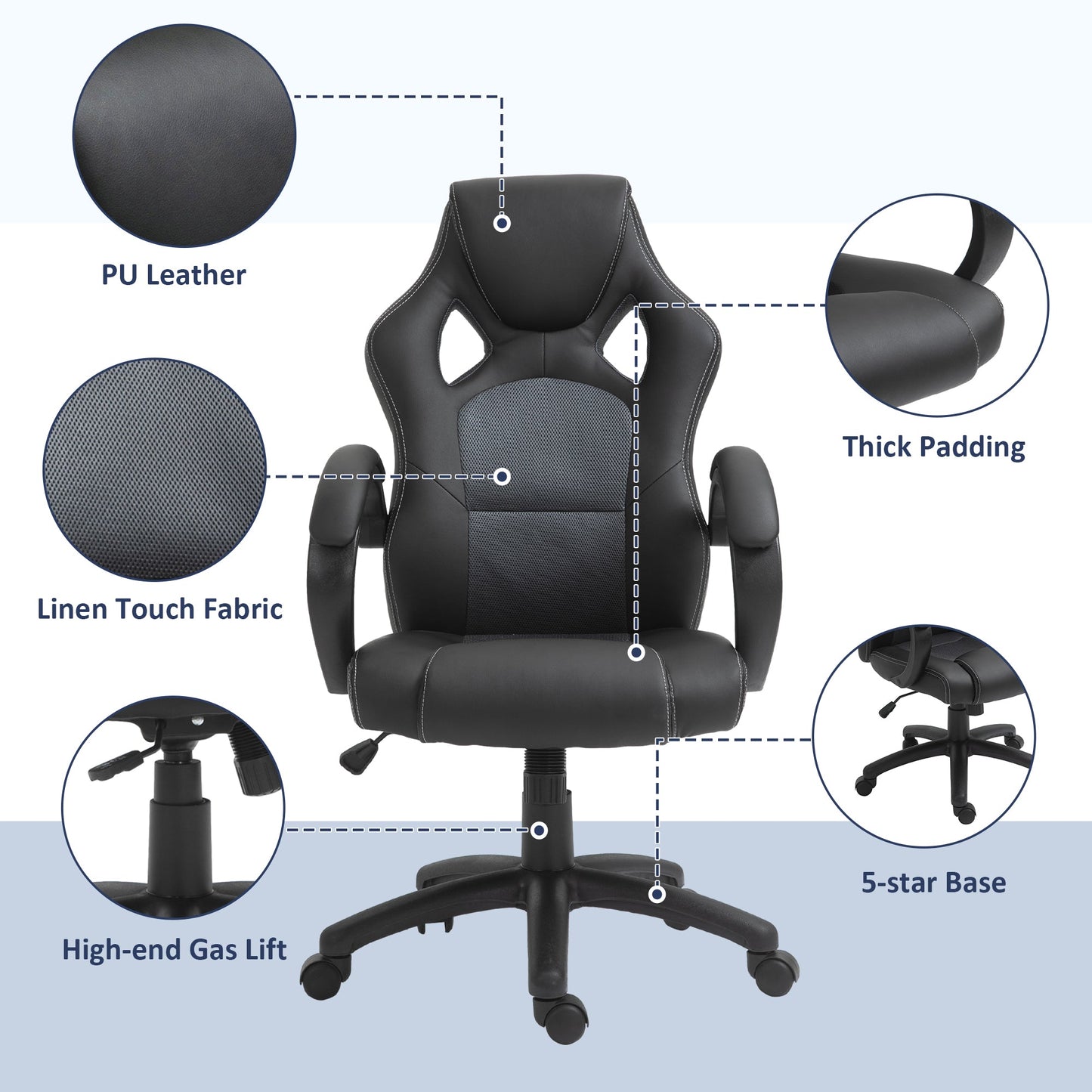 Vinsetto High-Back Office Chair Faux Leather Swivel Computer Desk Chair For Home Office With Wheels Armrests Black