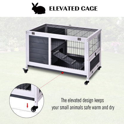 PawHut Rabbits Indoor Fir Wood Lift-Top Hutch-Grey and White