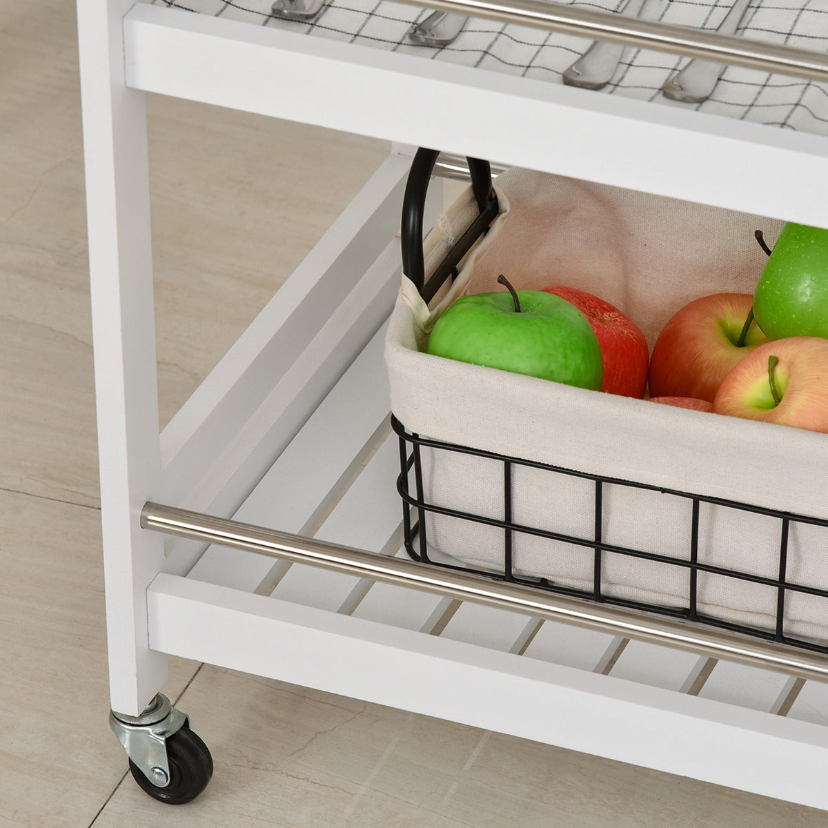 3-Tier Home Trolley Kitchen Storage Cart w/ Steel Bars 4 Universal Wheels Rolling Unit Organiser Living Room White